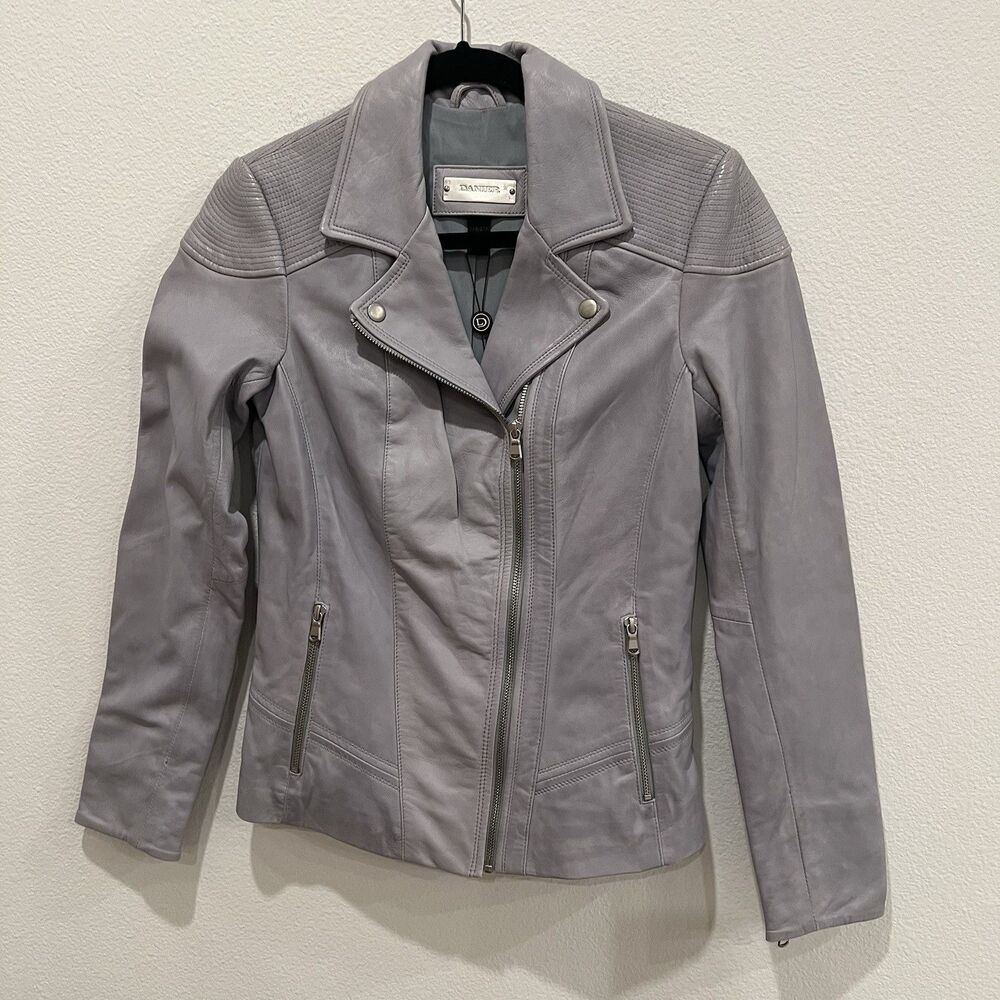 Danier Women's Gray Leather Jacket XXS Vtg Y2K Dead stock Moto Biker